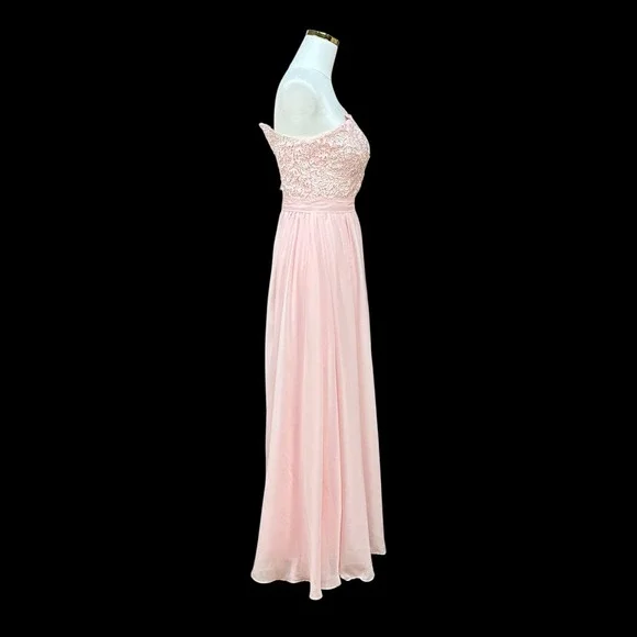 Blush Pink One Shoulder Lace Bodice Chiffon Maxi Formal Dress Size 4/6 - Picture 4 of 13